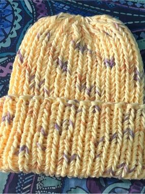 Yellow Knit Beanie Hat with Purple and orange Flecks